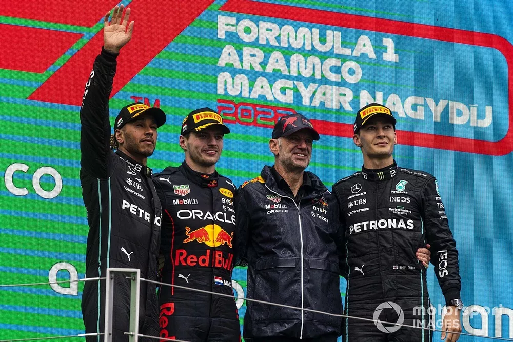 Lewis Hamilton, Mercedes-AMG, 2nd position, Max Verstappen, Red Bull Racing, 1st position, Adrian Newey, Chief Technology Officer, Red Bull Racing, George Russell, Mercedes-AMG, 3rd position, on the podium