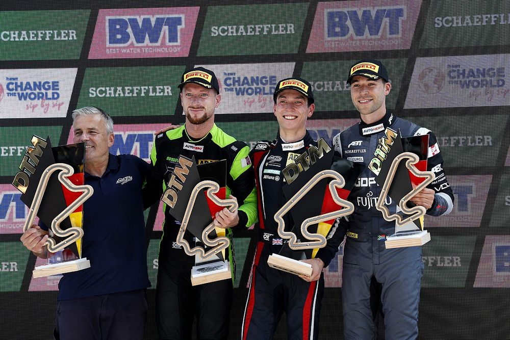 Podium: Race winner Jack Aitken, Emil Frey Racing, second place Mirko Bortolotti, SSR Performance, third place Kelvin van der Linde, Team ABT Sportsline