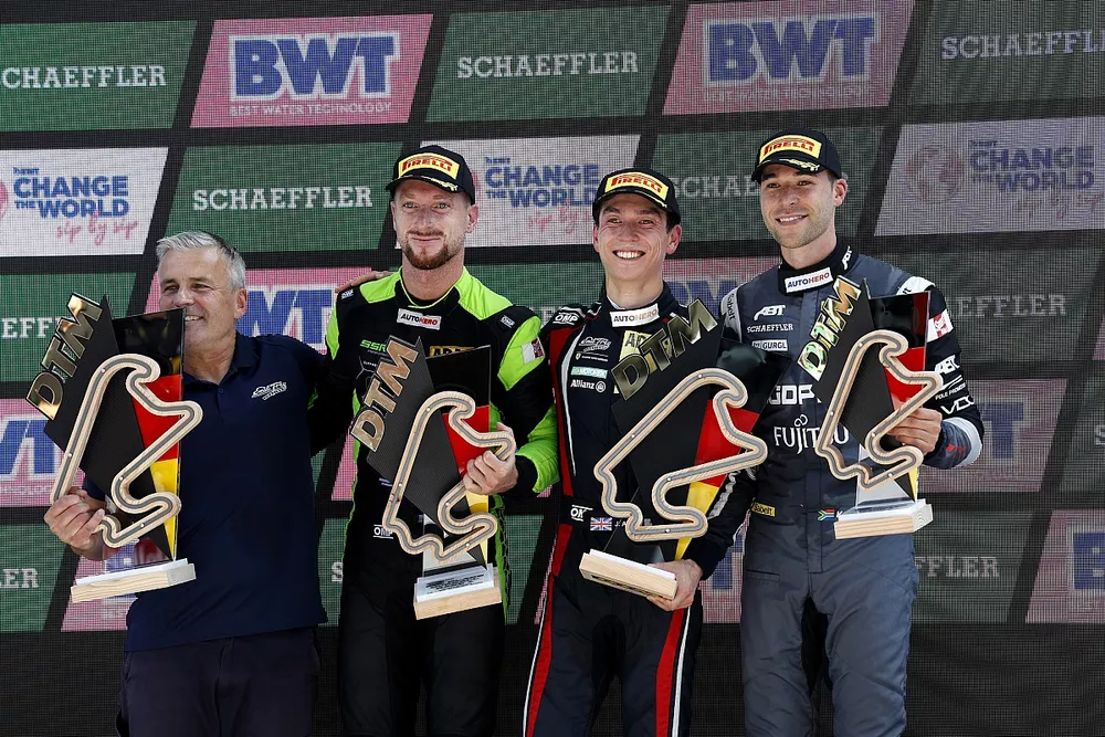 Podium: Race winner Jack Aitken, Emil Frey Racing, second place Mirko Bortolotti, SSR Performance, third place Kelvin van der Linde, Team ABT Sportsline