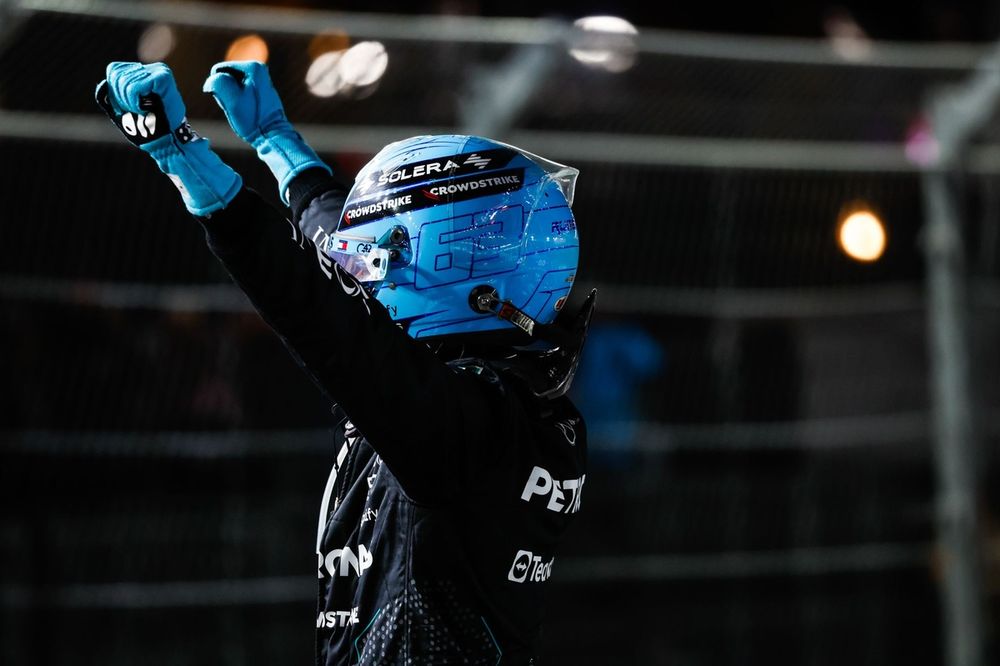 George Russell, Mercedes-AMG F1 Team, 1st position, celebrates in Parc Ferme