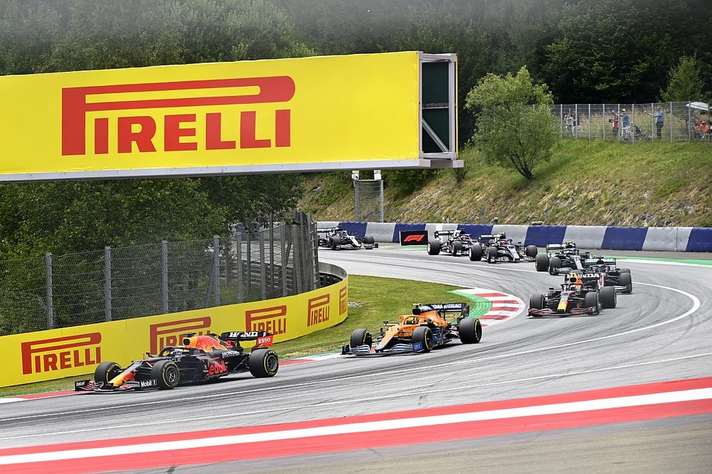 Max Verstappen, Red Bull Racing RB16B, Lando Norris, McLaren MCL35M, and Sergio Perez, Red Bull Racing RB16B