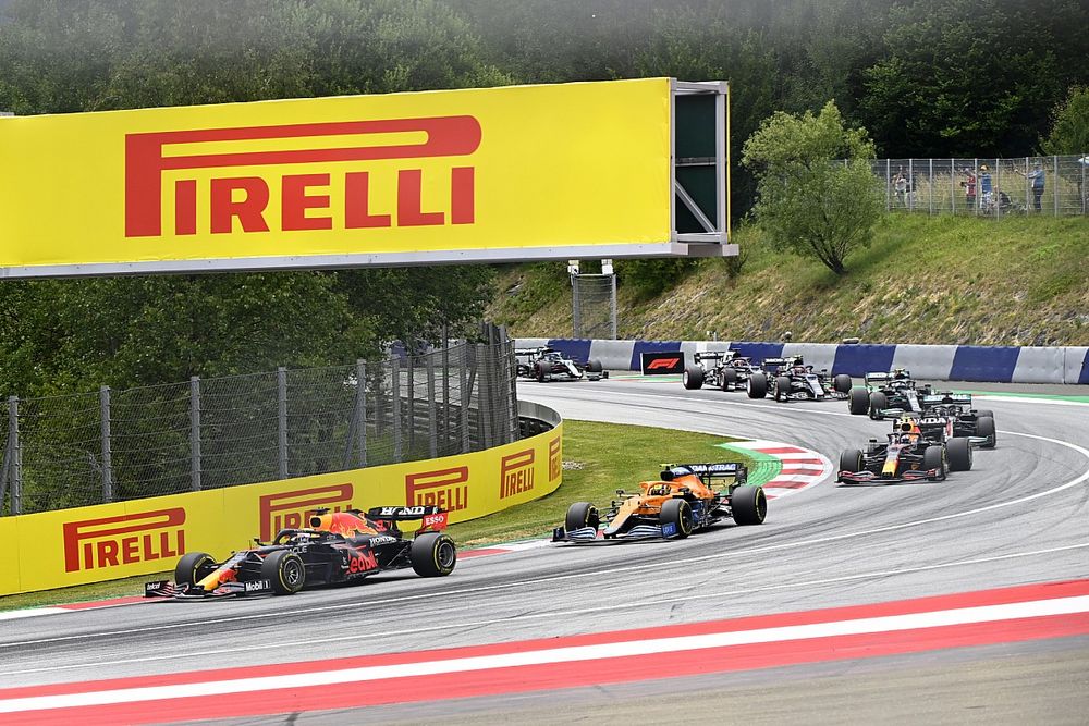 Max Verstappen, Red Bull Racing RB16B, Lando Norris, McLaren MCL35M, and Sergio Perez, Red Bull Racing RB16B