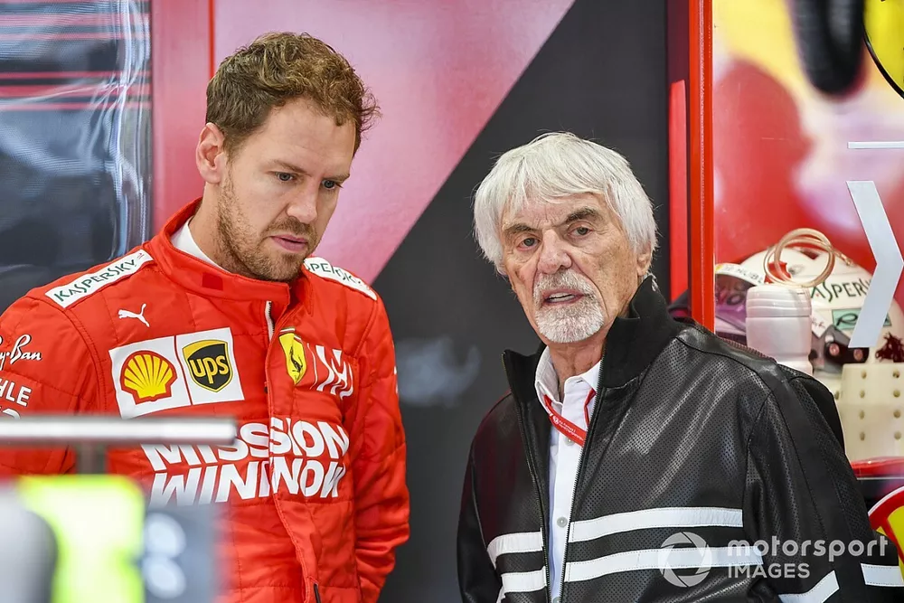 Sebastian Vettel, Ferrari, and Bernie Ecclestone, Chairman Emiritus of Formula 1