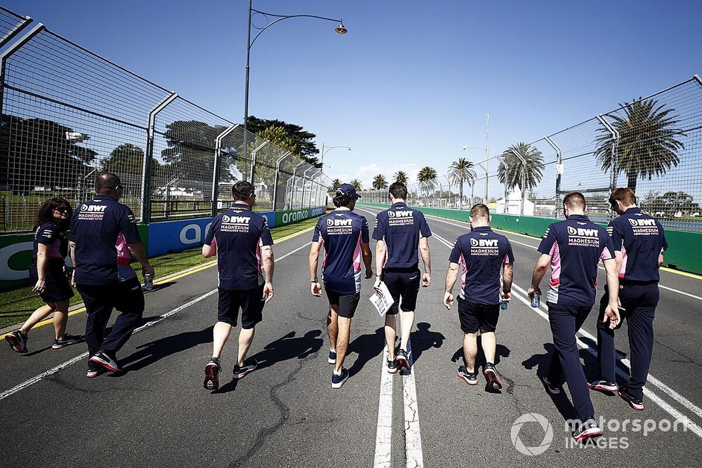 Lance Stroll, Racing Point on his track walk with members of the team.
