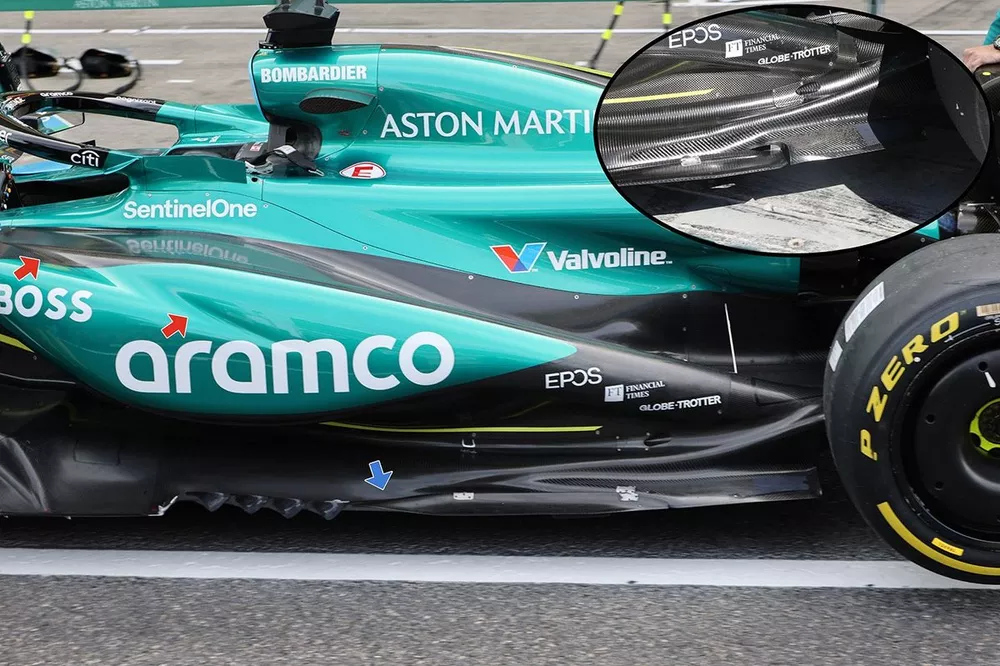 Aston Martin AMR24 sidepod and floor comparison