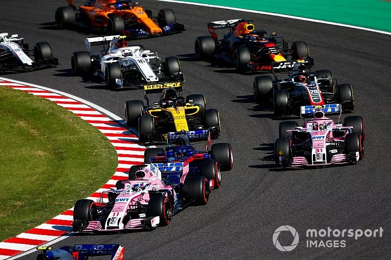 Sergio Perez, Racing Point Force India VJM11, Esteban Ocon, Racing Point Force India VJM11, Carlos Sainz Jr., Renault Sport F1 Team R.S. 18, Kevin Magnussen, Haas F1 Team VF-18, Daniel Ricciardo, Red Bull Racing RB14, Charles Leclerc, Sauber C37, Fernando Alonso, McLaren MCL33, y Lance Stroll, Williams FW41
