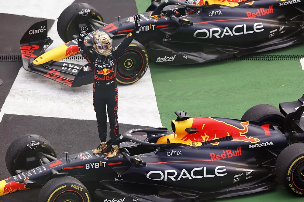 Max Verstappen, Red Bull Racing, 1st position, celebrates on arrival in Parc Ferme