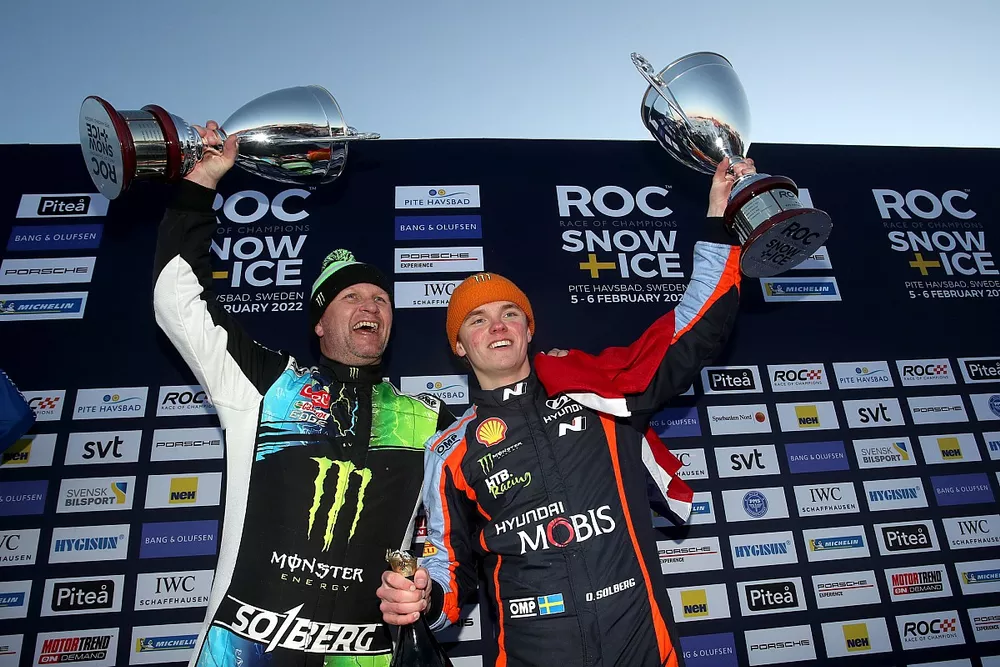 Podium: Winners Petter Solberg, Oliver Solberg