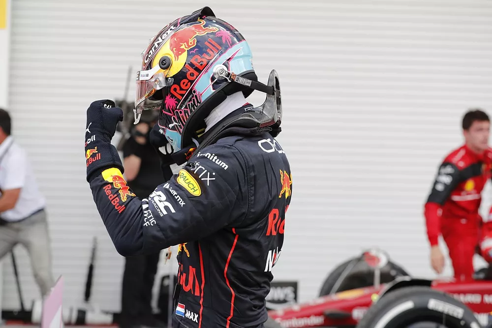 Max Verstappen, Red Bull Racing, 1st position, celebrates on arrival in Parc Ferme
