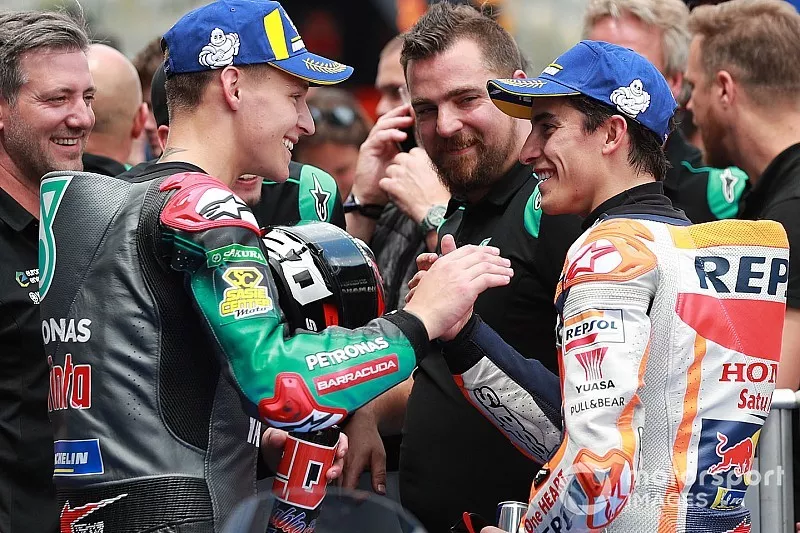 Il poleman Fabio Quartararo, Petronas Yamaha SRT, il terzo qualificato Marc Marquez, Repsol Honda Team