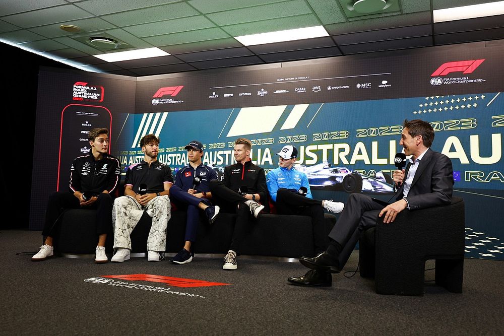 George Russell, Mercedes-AMG, Pierre Gasly, Alpine F1 Team, Nyck de Vries, Scuderia AlphaTauri, Nico Hulkenberg, Haas F1 Team and Lance Stroll, Aston Martin Logan Sargeant, Williams Racing in the Press Conference 