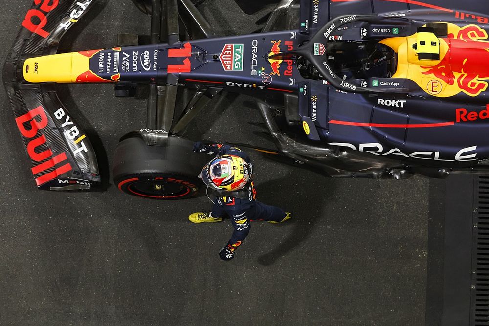 Pole man Sergio Perez, Red Bull Racing, arrives in Parc Ferme
