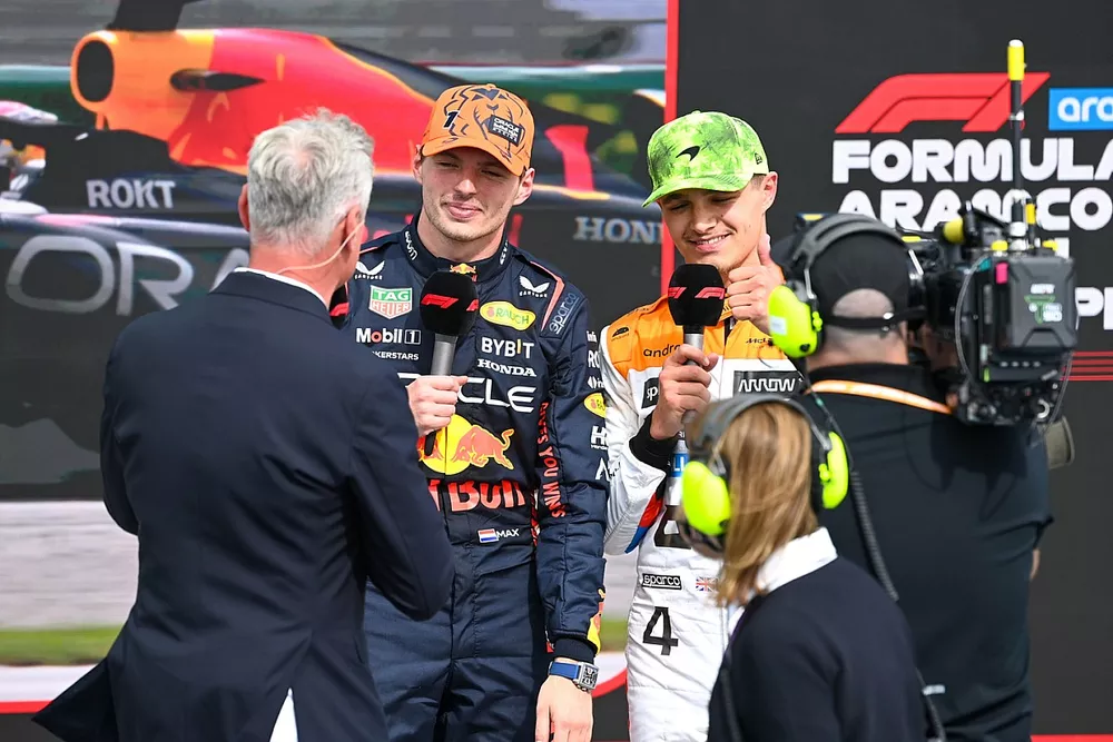 Max Verstappen, Red Bull Racing, 1st position, Lando Norris, McLaren, 2nd position, are interviewed by David Coulthard in Parc Ferme