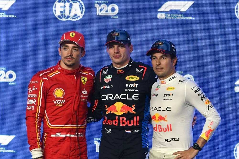 Top three Qualifiers Charles Leclerc, Scuderia Ferrari, Pole man Max Verstappen, Red Bull Racing, Sergio Perez, Red Bull Racing