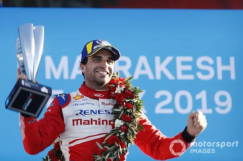 J&eacute;r&ocirc;me d'Ambrosio, Mahindra Racing, celebrates on the podium after winning the race