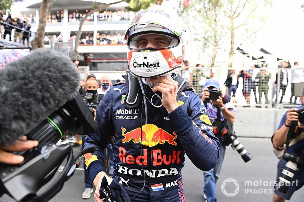 Max Verstappen, Red Bull Racing, 1st position, celebrates victory in Parc Ferme