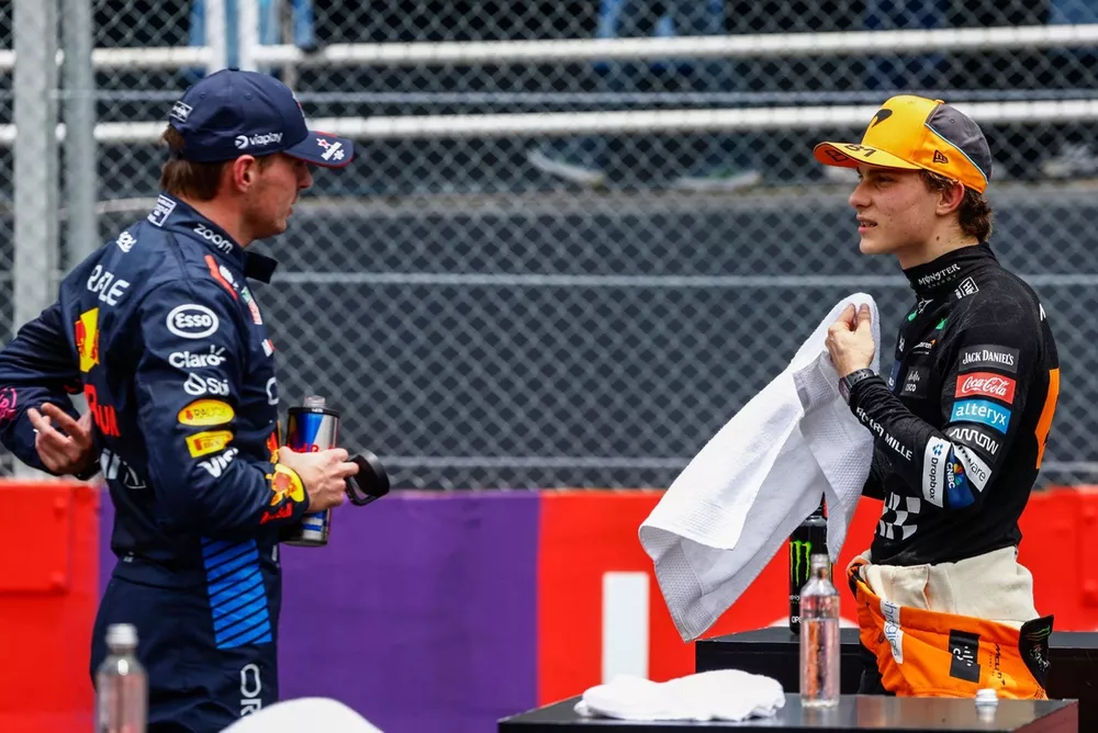 Max Verstappen, Red Bull Racing, 3rd position, Oscar Piastri, McLaren F1 Team, 2nd position, in Parc Ferme 
