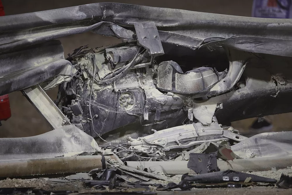 Damage to the Armco barrier after an opening lap crash for Romain Grosjean, Haas VF-20