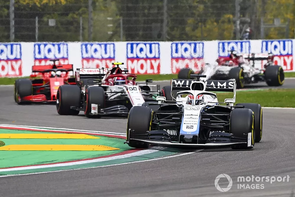 George Russell, Williams FW43, Antonio Giovinazzi, Alfa Romeo Racing C39, et Sebastian Vettel, Ferrari SF1000