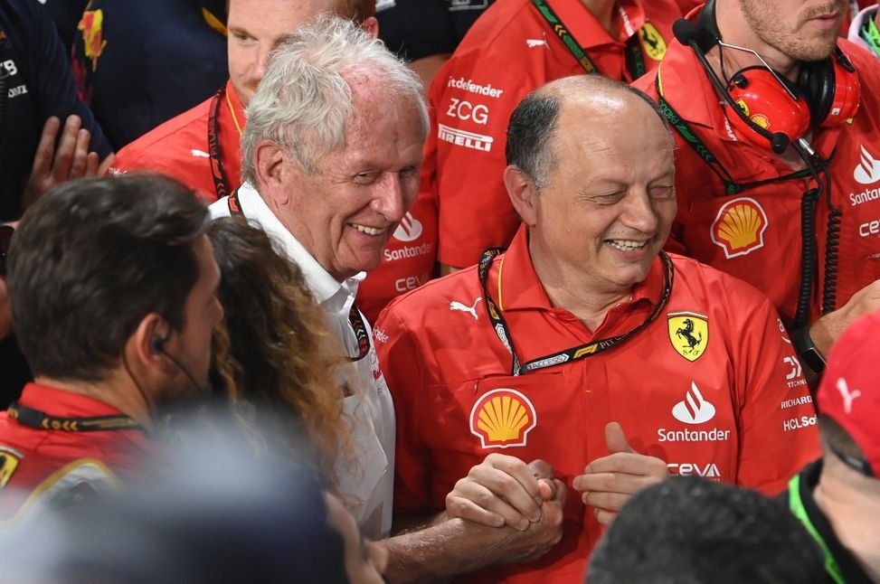 Helmut Marko, Consultant, Red Bull Racing and Frederic Vasseur, Team Principal and General Manager, Scuderia Ferrari in Parc Ferme 