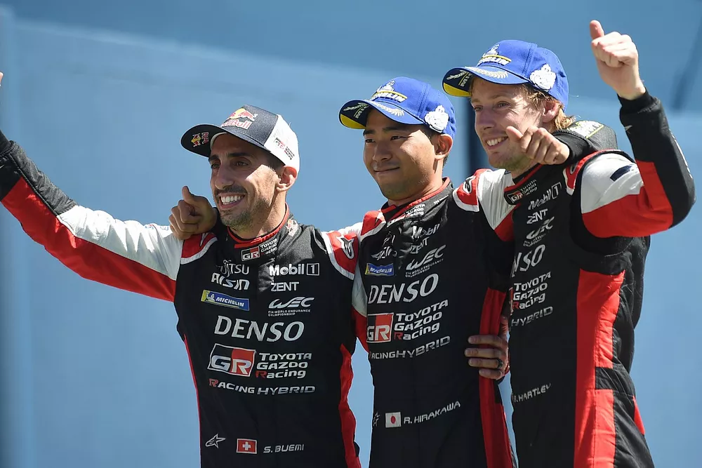 Winners Sebastien Buemi, Brendon Hartley, Ryo Hirakawa, Toyota Gazoo Racing