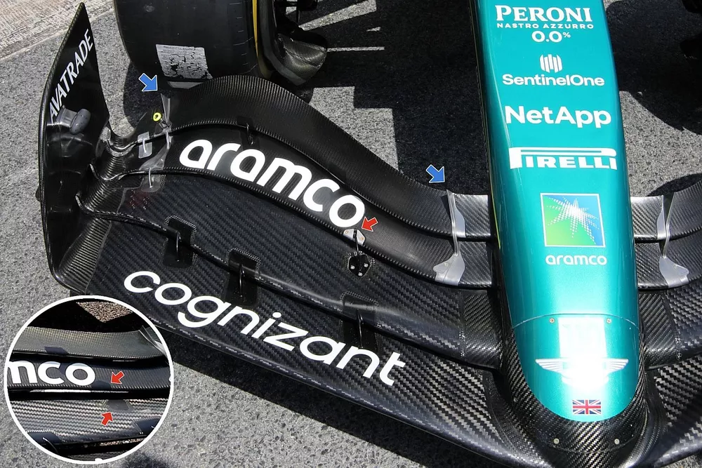Dettaglio dell'ala anteriore Aston Martin AMR23 
