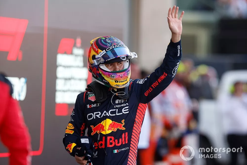 Sergio Perez, Red Bull Racing, waves from Parc Ferme after Qualifying