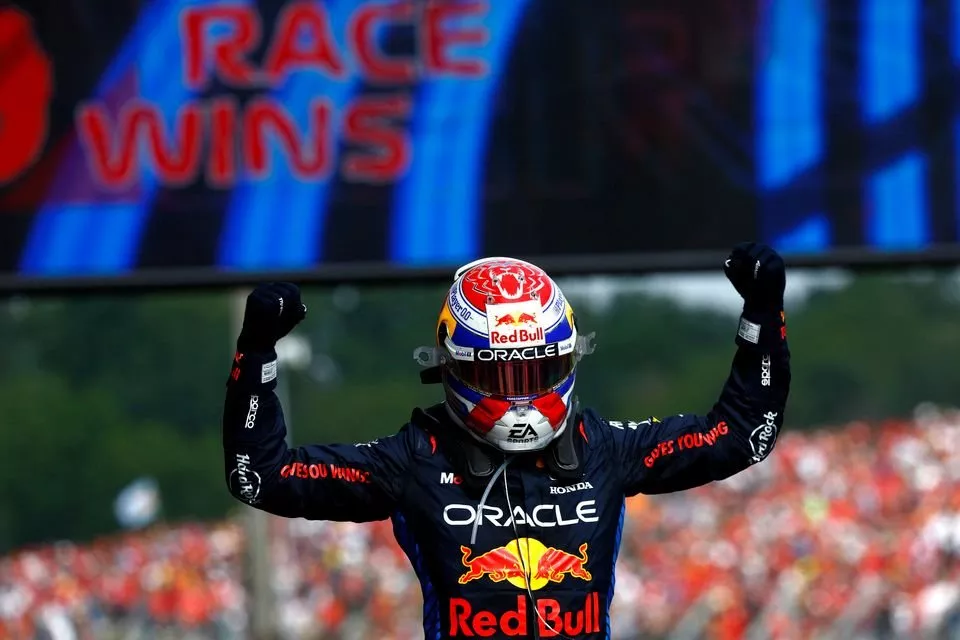 Max Verstappen, Red Bull Racing, 1st position, celebrates on arrival in Parc Ferme