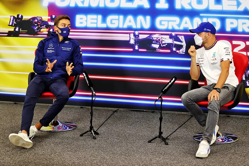 George Russell, Williams, and Valtteri Bottas, Mercedes, in the Press Conference