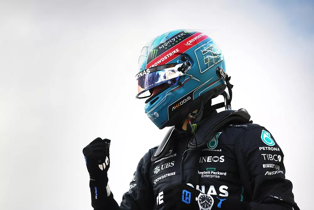 George Russell, Mercedes AMG, celebrates 1st position in the sprint race
