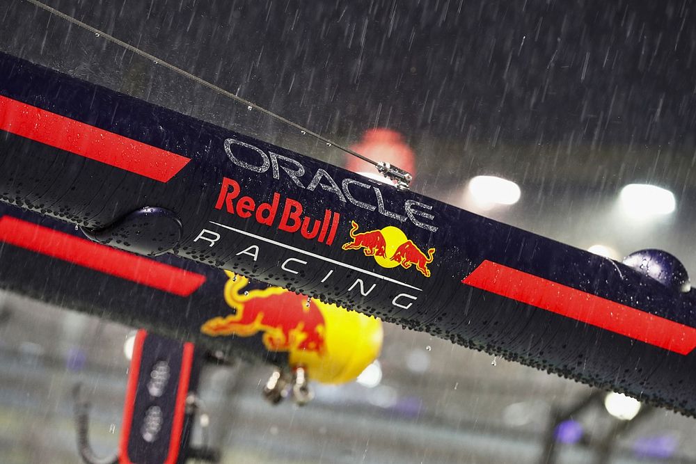 Rain lashes down on Red Bull Racing pit equipment