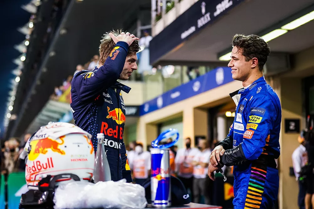 Pole man Max Verstappen, Red Bull Racing, Lando Norris, McLaren, talk in Parc Ferme after Qualifying