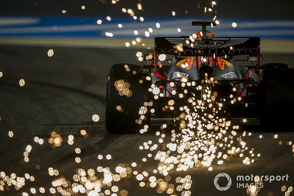 Sparks fly from Max Verstappen, Red Bull Racing RB16
