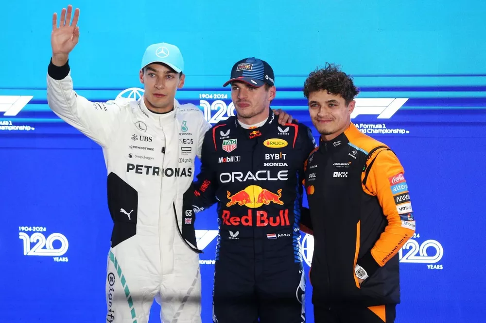 Pole man Max Verstappen, Red Bull Racing, George Russell, Mercedes-AMG F1 Team, Lando Norris, McLaren F1 Team, pose for pictures in Parc Ferme 