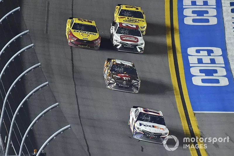 Justin Haley, Kaulig Racing, Chevrolet Camaro LeafFilter Gutter Protection, Kyle Busch, Joe Gibbs Racing, Toyota Camry M&M's Chocolate Bar and Erik Jones, Joe Gibbs Racing, Toyota Camry Sport Clips