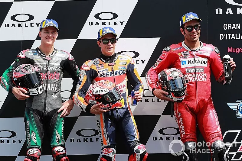 Pole sitter Marc Marquez, Repsol Honda Team, second place Fabio Quartararo, Petronas Yamaha SRT, third place Danilo Petrucci, Ducati Team