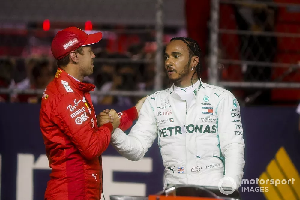 Sebastian Vettel, Ferrari en Lewis Hamilton, Mercedes AMG F1 