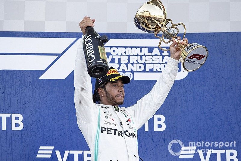 Race winner Lewis Hamilton, Mercedes AMG F1 W10 celebrates on the podium