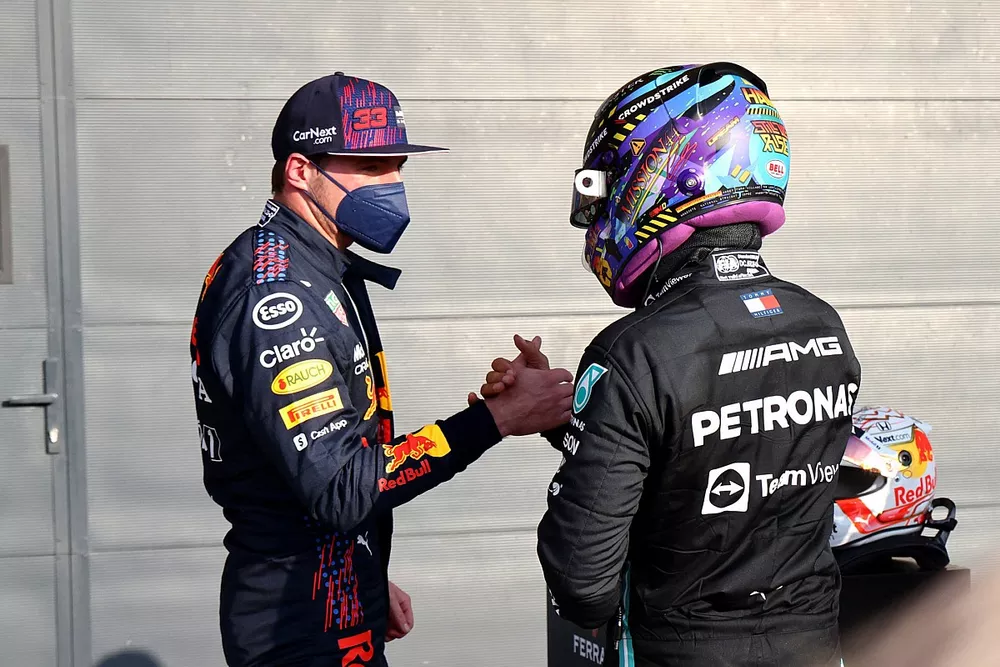 Max Verstappen, Red Bull Racing, congratulates pole man Lewis Hamilton, Mercedes, in Parc Ferme