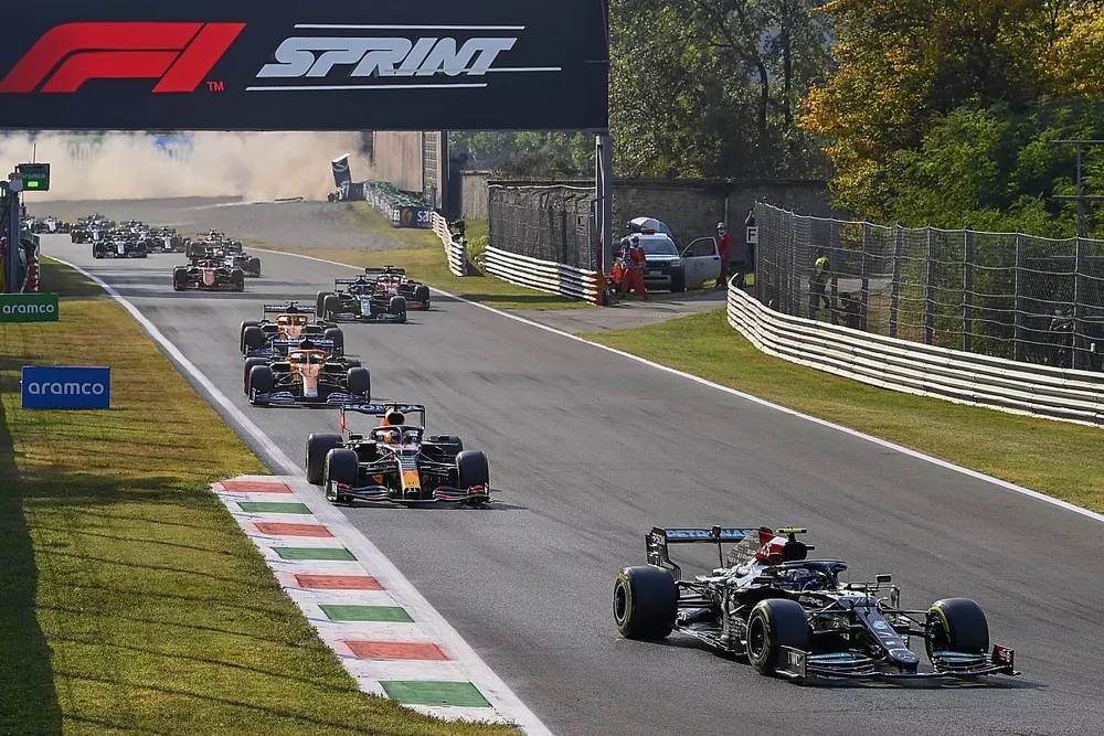 Valtteri Bottas, Mercedes W12, Max Verstappen, Red Bull Racing RB16B, and Daniel Ricciardo, McLaren MCL35M