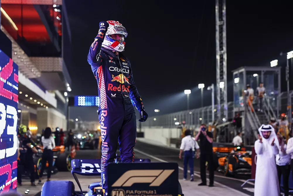 Max Verstappen, Red Bull Racing, 2nd position, celebrates in Parc Ferme after winning the 2023 drivers world champion