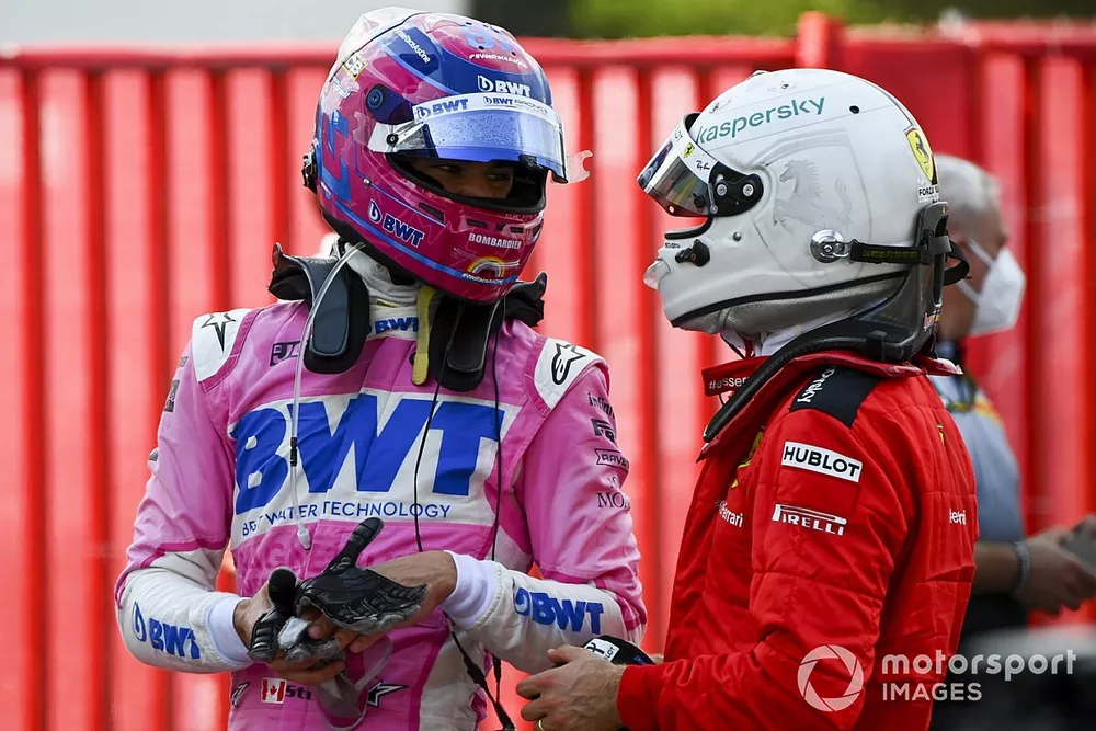 Lance Stroll, Racing Point y Sebastian Vettel, Ferrari, en Parc Ferme despu&eacute;s de la carrera