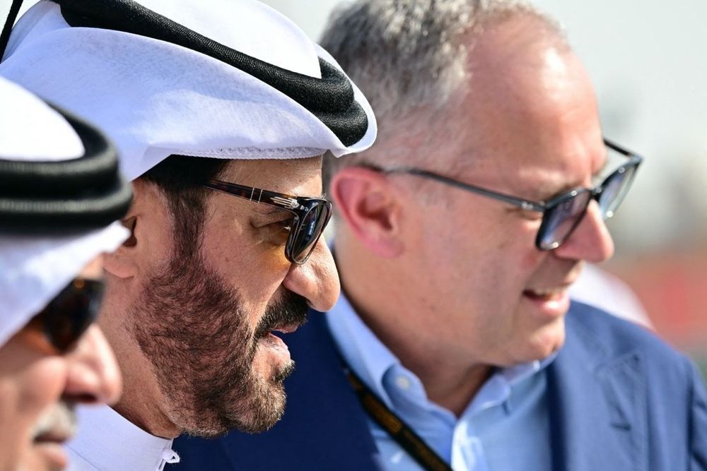 Formula One CEO Stefano Domenicali, FIA president Mohammed Ben Sulayem and Bahrain Crown Prince Salman bin Hamad Al Khalifa