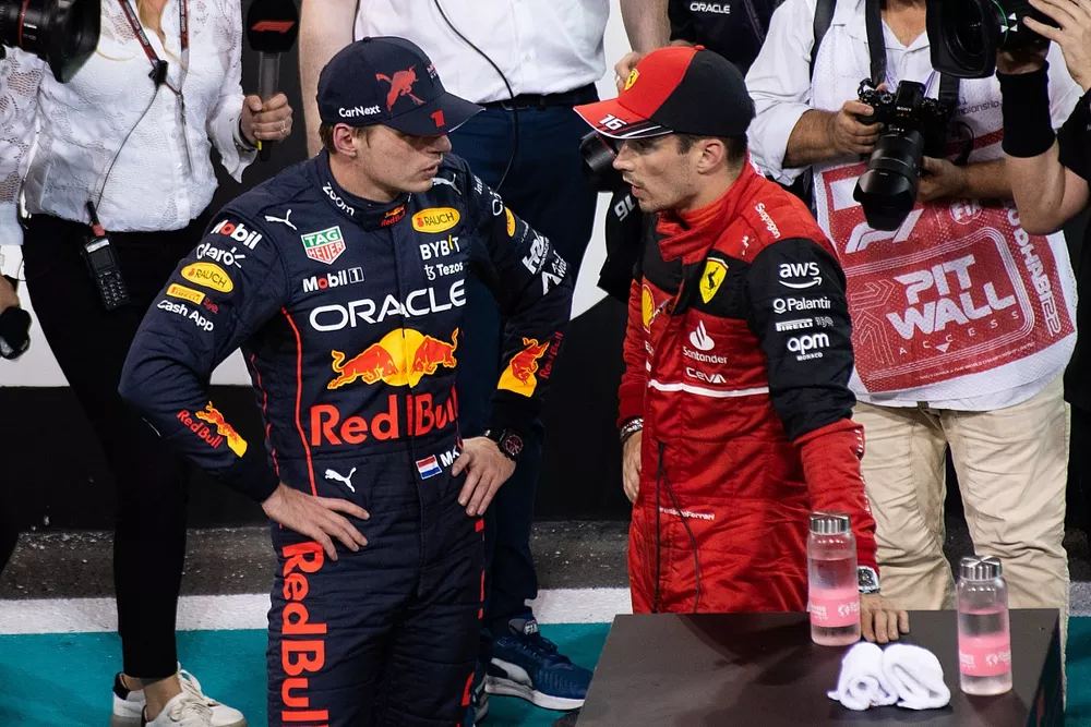 Pole man Max Verstappen, Red Bull Racing, Charles Leclerc, Ferrari, congratulate each other after Qualifying