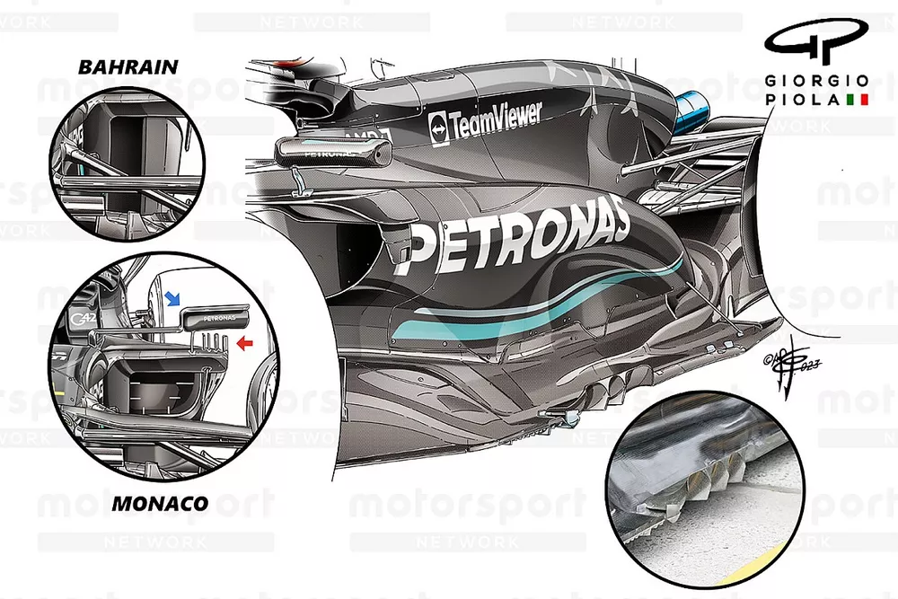Detalle de los sidepods del Mercedes W14, GP de B&eacute;lgica