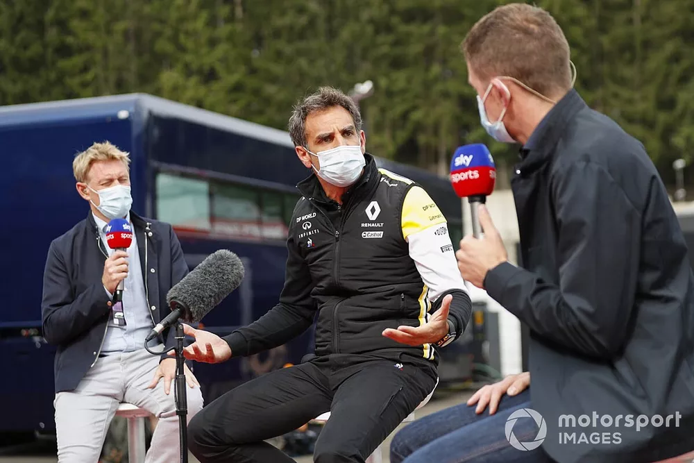 Cyril Abiteboul, Managing Director, Renault F1 Team, is interviewed by Simon Lazenby, Sky TV, and Anthony Davidson, Sky TV, on Sky Sports F1