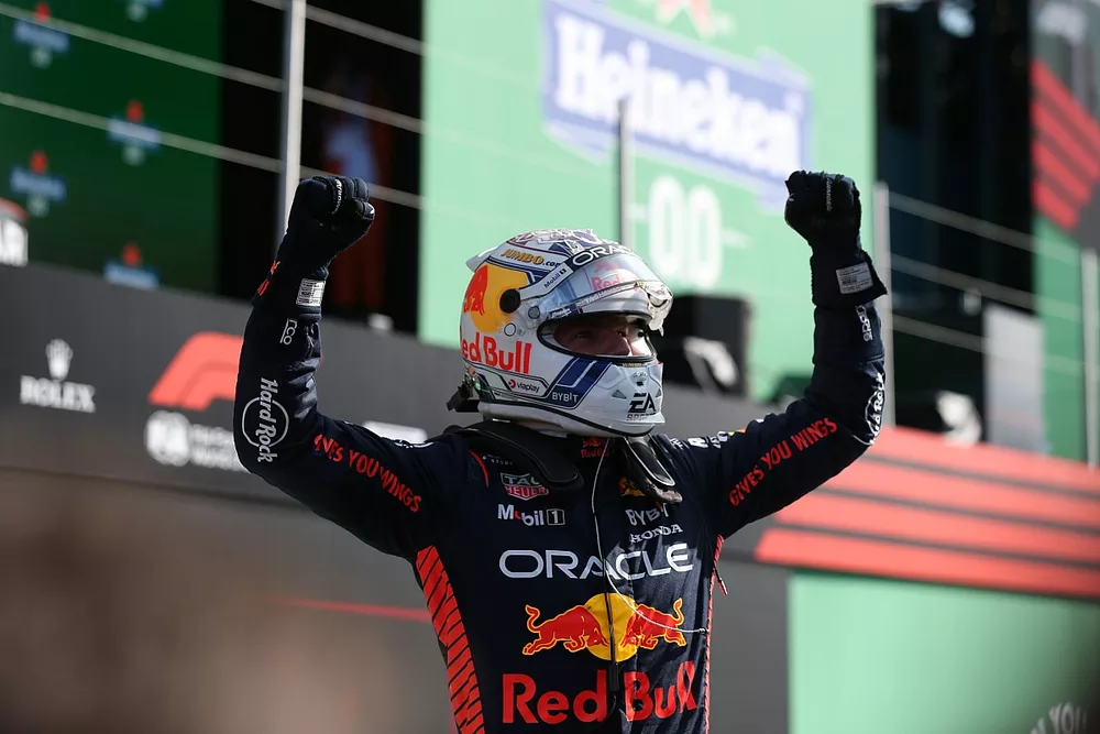 Pole man Max Verstappen, Red Bull Racing, celebrates in Parc Ferme