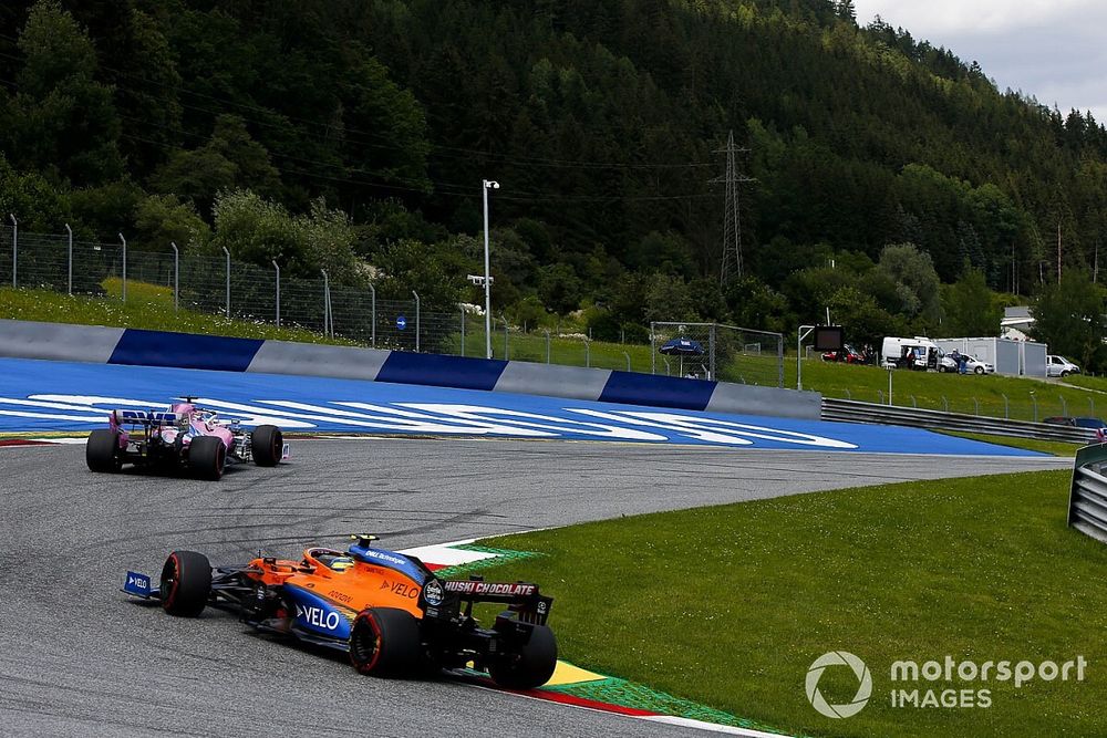 Sergio Perez, Racing Point RP20, leads Lando Norris, McLaren MCL35