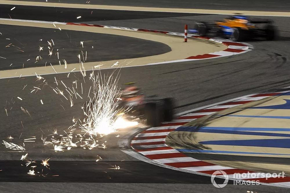 Sparks fly from Alex Albon, Red Bull Racing RB16