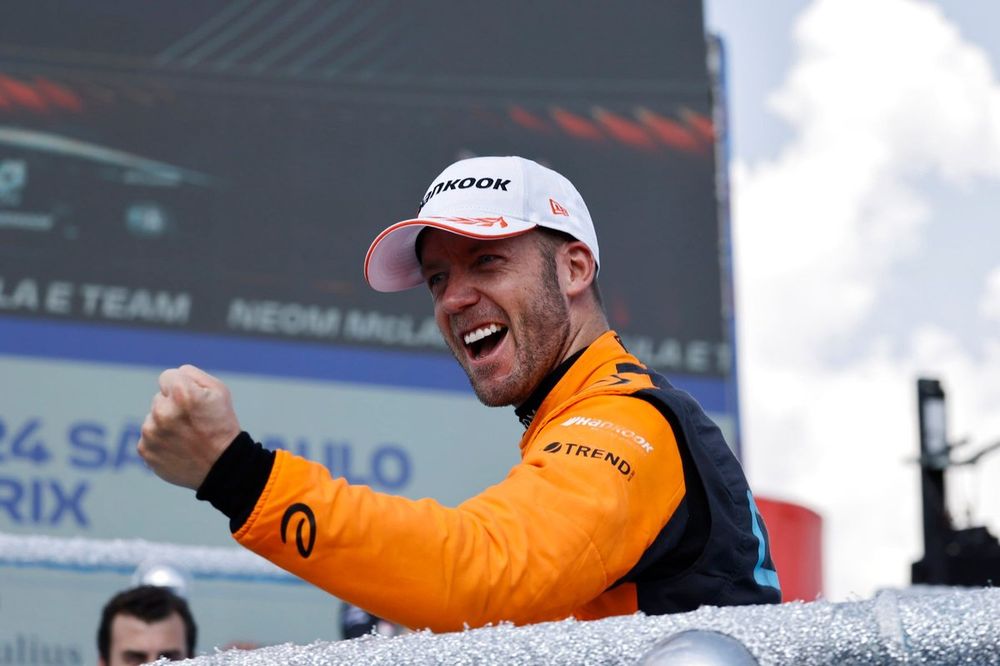 Sam Bird, NEOM McLaren Formula E Team, celebrates on the podium